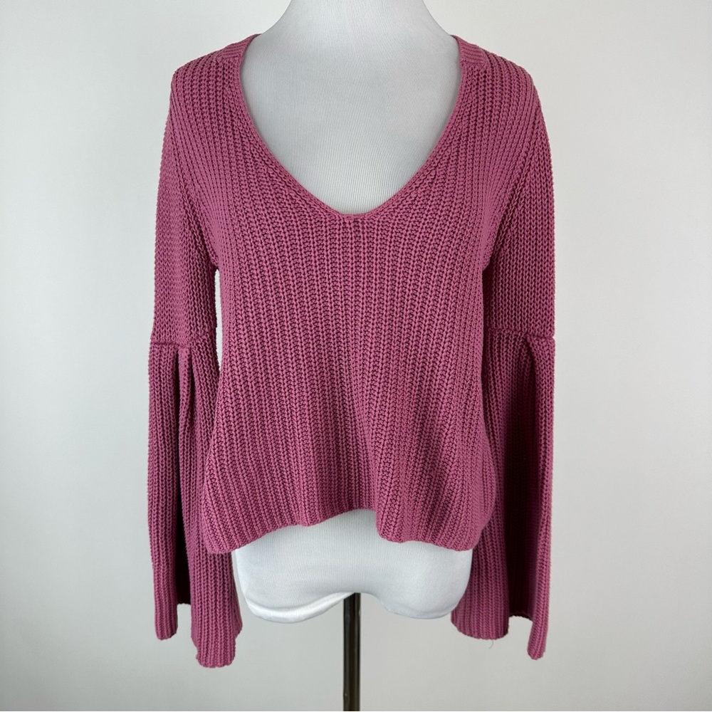 Free People Damsel Pink Bell Sleeve V Neck Sweater Size XS - Picture 2 of 6